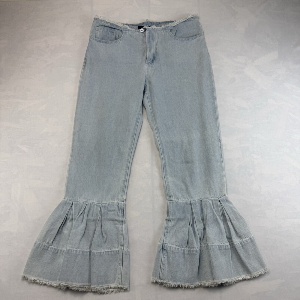 DO+BE Ruffle Flare Jeans Womens L Light Wash Bell Bottom Boho Denim